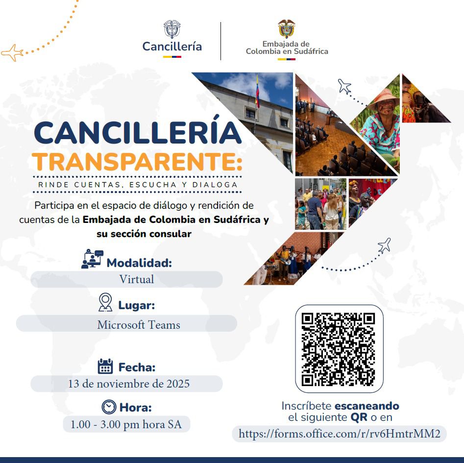 Inscríbase para la jornada de Rendición de Cuentas y Diálogo de la Embajada de Colombia en Sudáfrica este 13 de noviembre de 2025