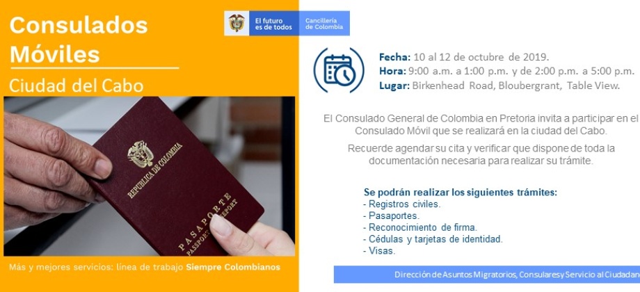 Consulado de Colombia en Pretoria realizará jornada de Consulado Móvil del 10 al 12 de octubre de 2019